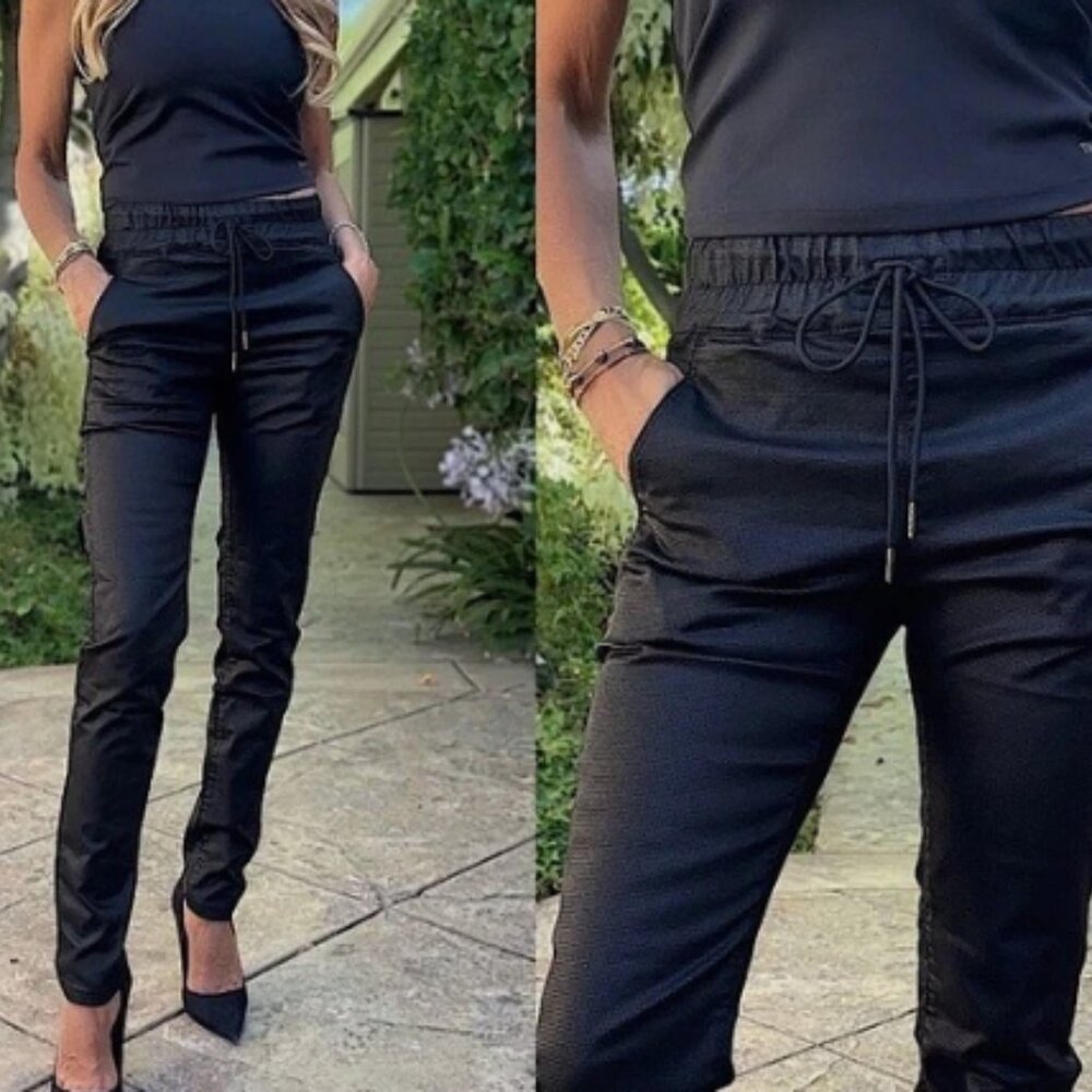 Bevy Flog Shely Original Black coated ankle Pants snakeskin drawstring  sz 26